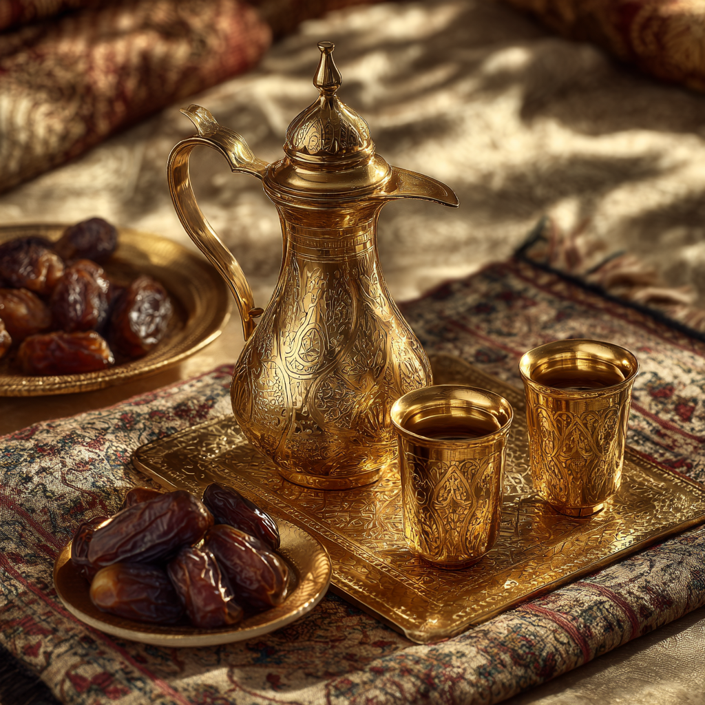 ⁦دلة قهوة عربية ذهبية مع ثلاثة فناجين ذهبية اللون⁩ - الصورة ⁦9⁩