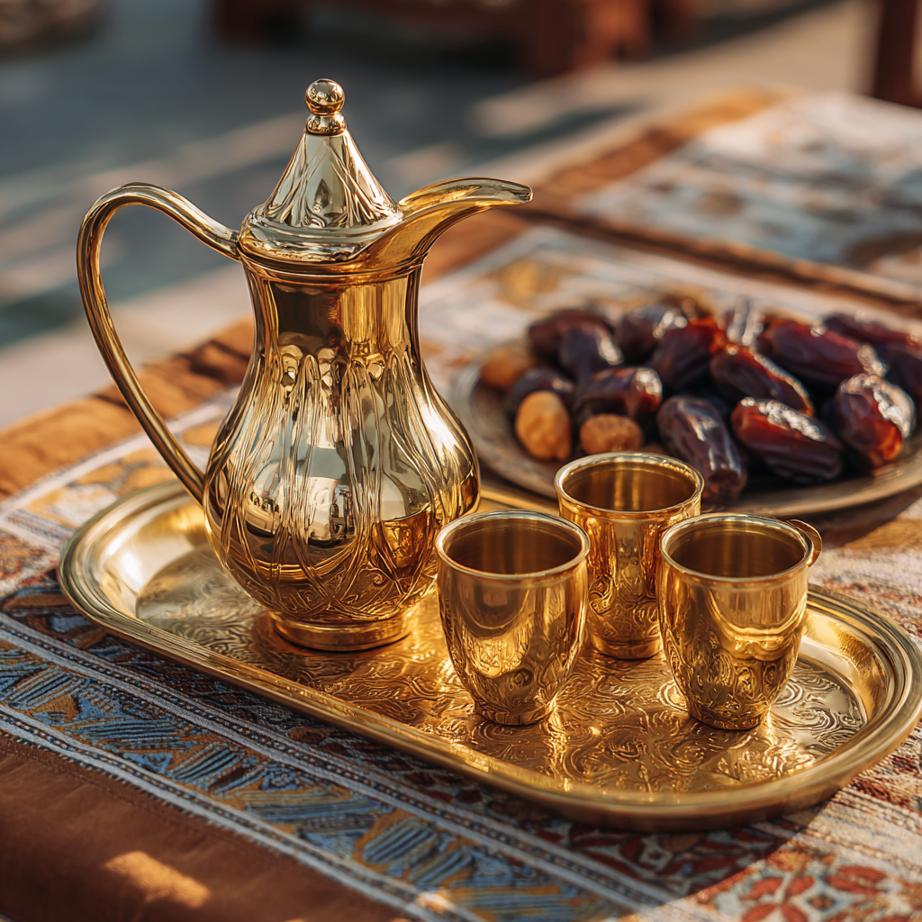 ⁦دلة قهوة عربية ذهبية مع ثلاثة فناجين ذهبية اللون⁩ - الصورة ⁦8⁩