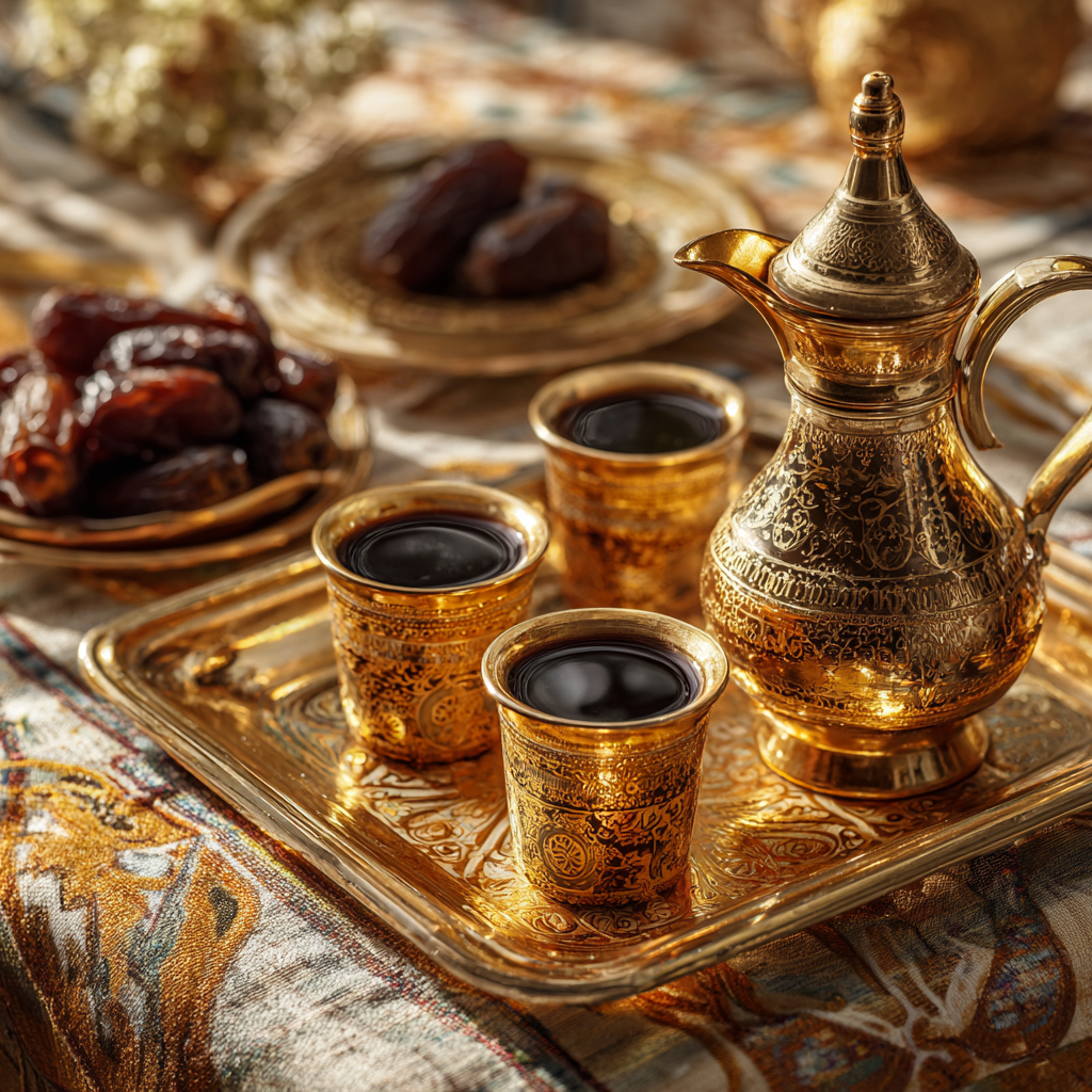 ⁦دلة قهوة عربية ذهبية مع ثلاثة فناجين ذهبية اللون⁩ - الصورة ⁦7⁩