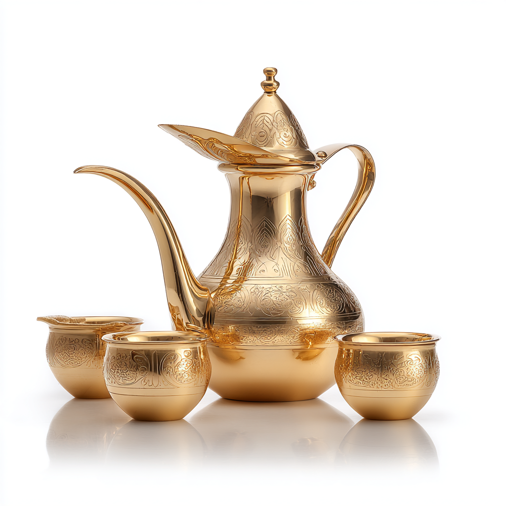 ⁦دلة قهوة عربية ذهبية مع ثلاثة فناجين ذهبية اللون⁩ - الصورة ⁦4⁩