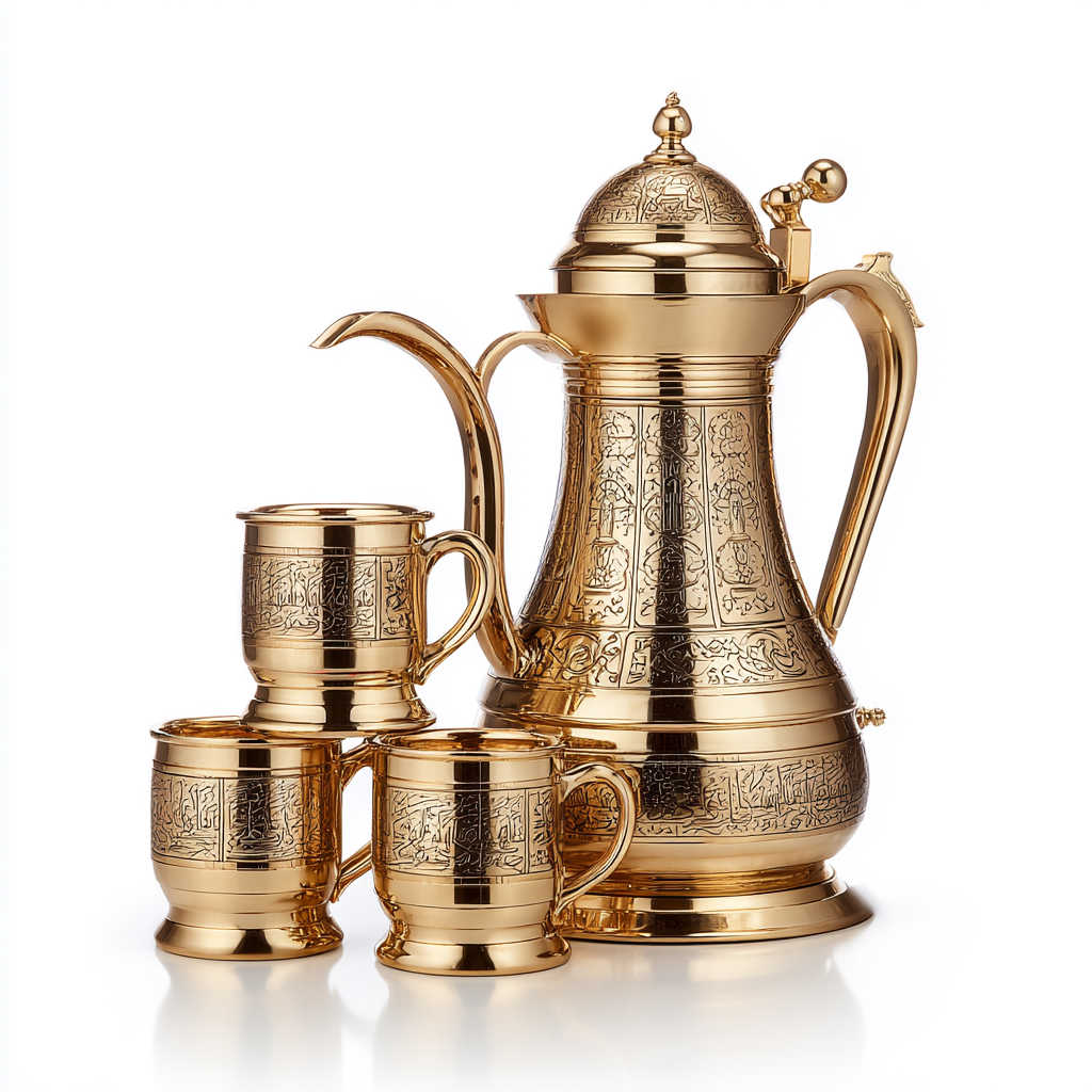 ⁦دلة قهوة عربية ذهبية مع ثلاثة فناجين ذهبية اللون⁩ - الصورة ⁦3⁩