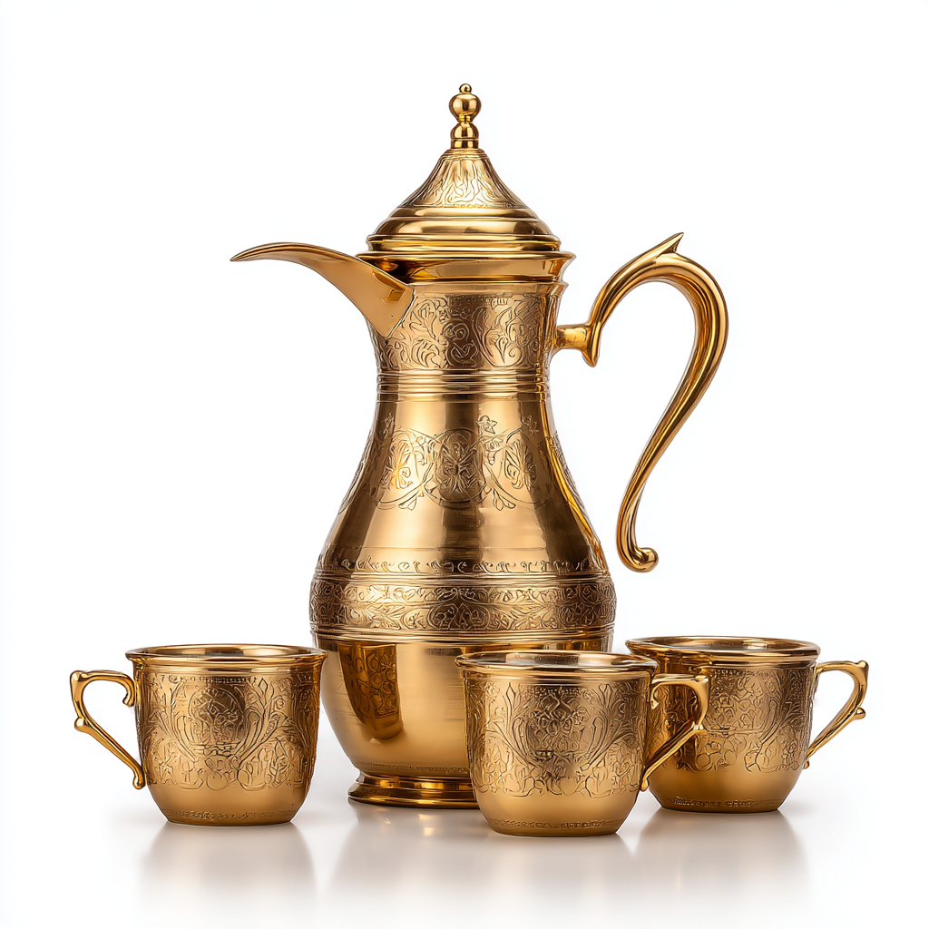 ⁦دلة قهوة عربية ذهبية مع ثلاثة فناجين ذهبية اللون⁩ - الصورة ⁦2⁩