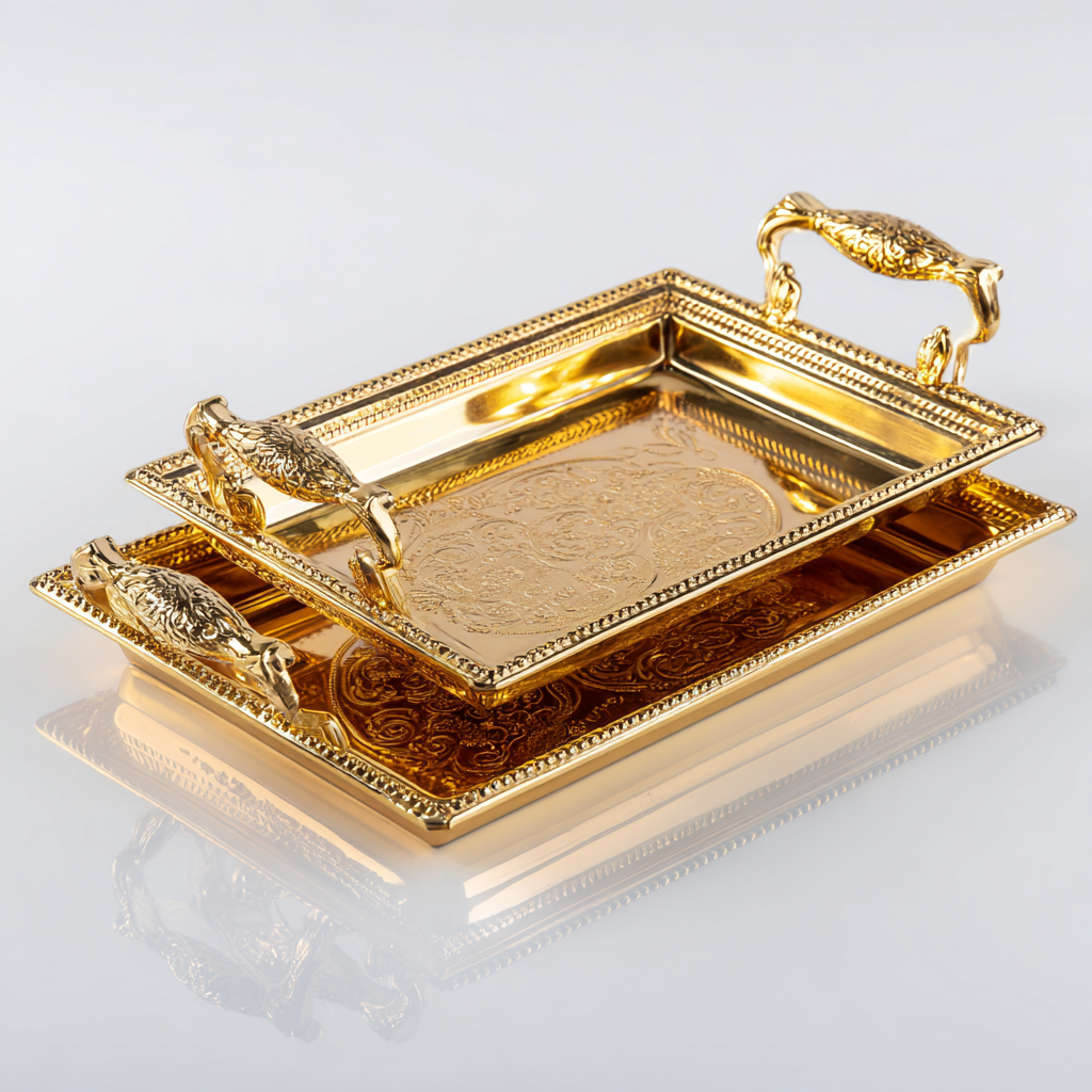 ⁦طقم صوانٍ مستطيلة ذهبية فاخرة بنقوش وزخارف⁩ - الصورة ⁦2⁩
