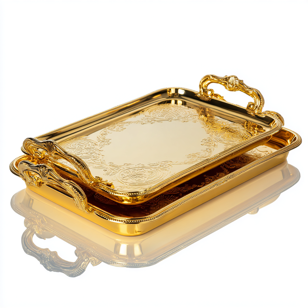 ⁦طقم صوانٍ مستطيلة ذهبية فاخرة بنقوش وزخارف⁩ - الصورة ⁦9⁩