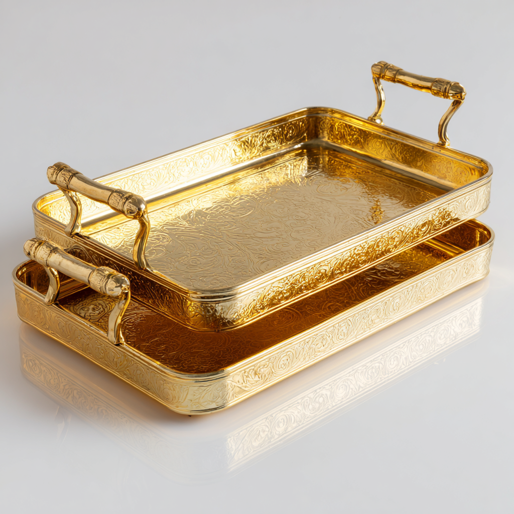 ⁦طقم صوانٍ مستطيلة ذهبية فاخرة بنقوش وزخارف⁩ - الصورة ⁦10⁩
