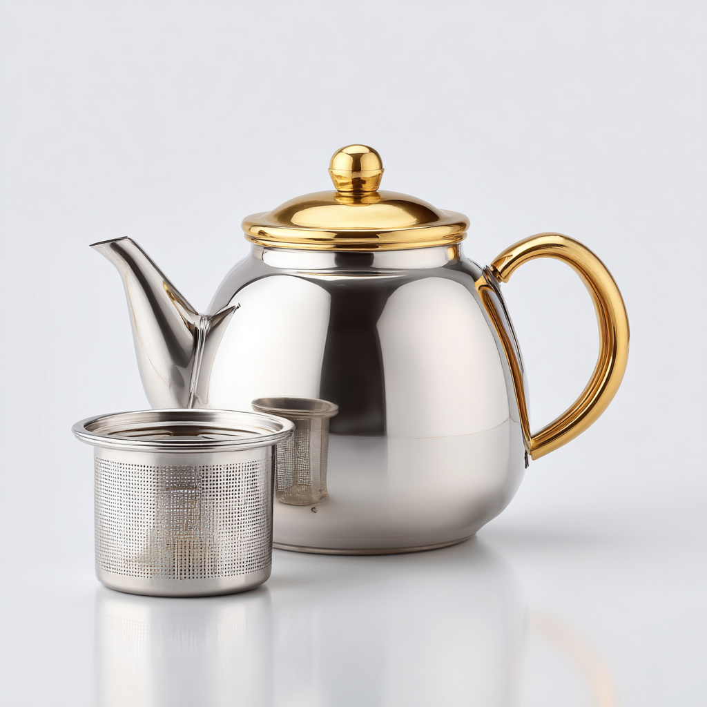 إبريق شاي ستانلس ستيل مع غطاء ومقبض علوي باللون الذهبي ومصفاة شاي معدنية جانبية