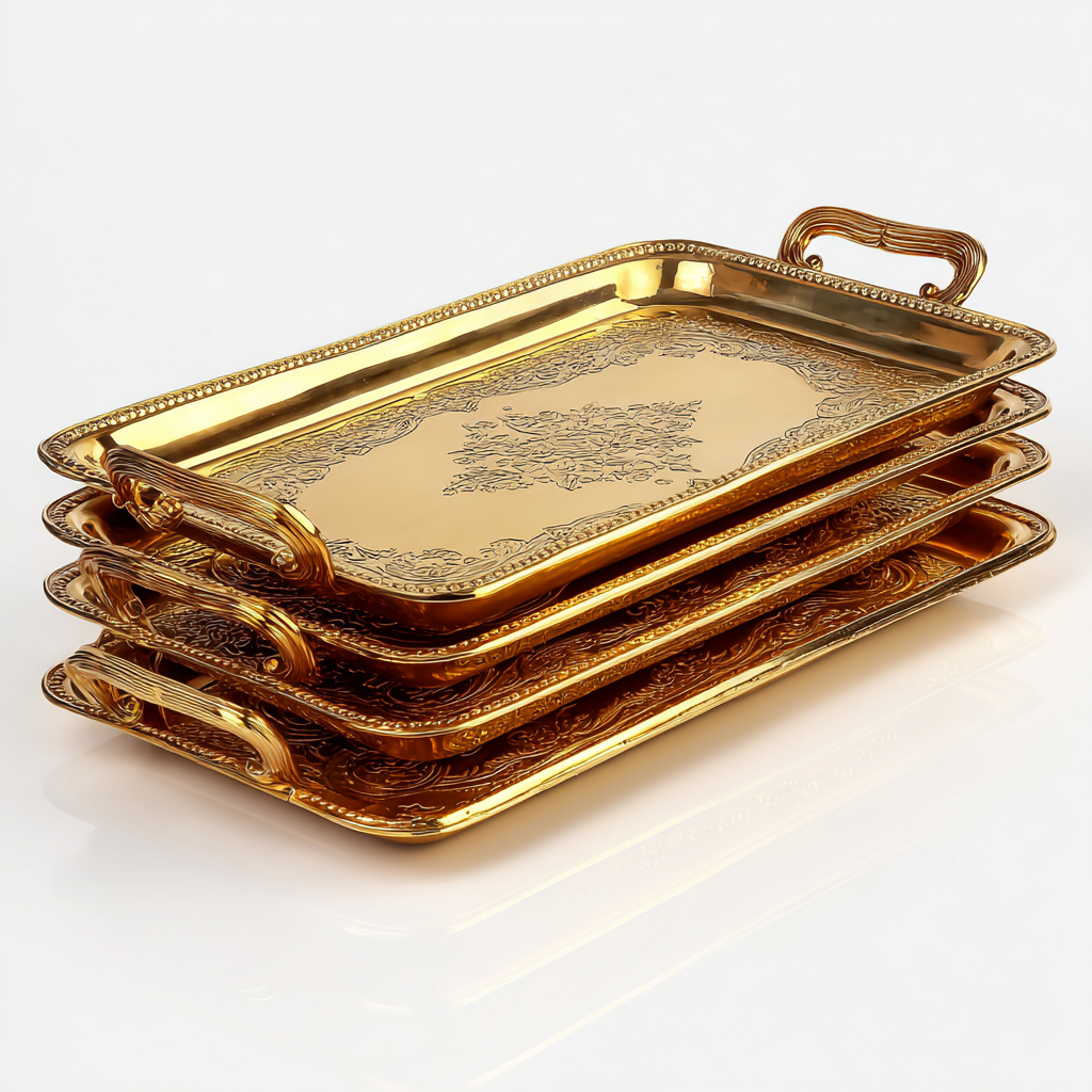 ⁦طقم صوانٍ مستطيلة ذهبية فاخرة بنقوش وزخارف⁩ - الصورة ⁦6⁩