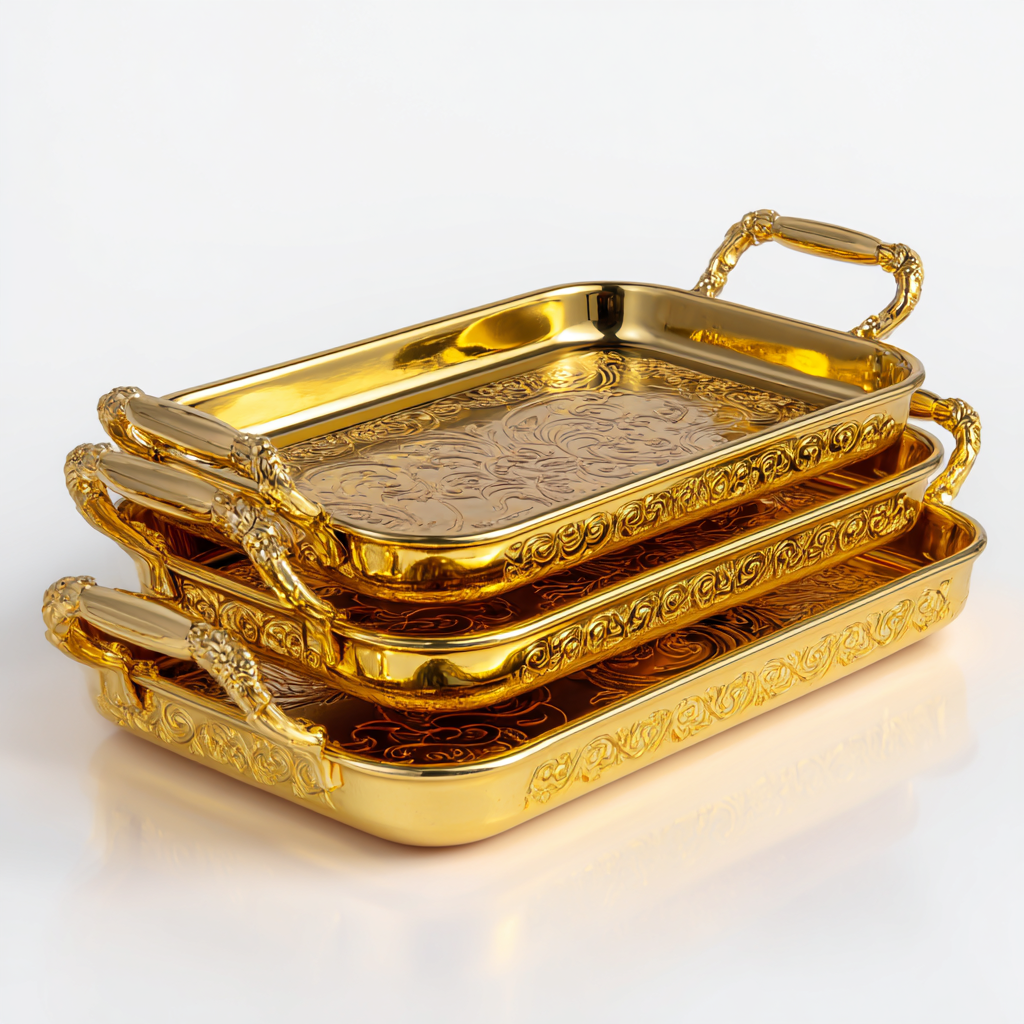⁦طقم صوانٍ مستطيلة ذهبية فاخرة بنقوش وزخارف⁩ - الصورة ⁦5⁩