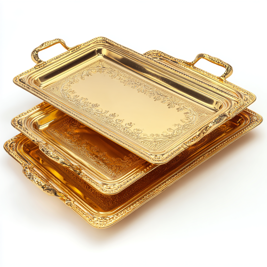 طقم صوانٍ مستطيلة ذهبية فاخرة بنقوش وزخارف