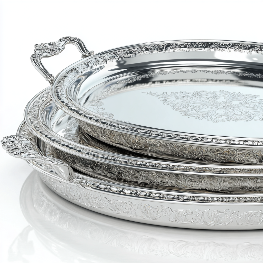 ⁦طقم صوانٍ بيضاوية فاخرة مطلية بالفضي مع نقوش مزخرفة⁩ - الصورة ⁦7⁩