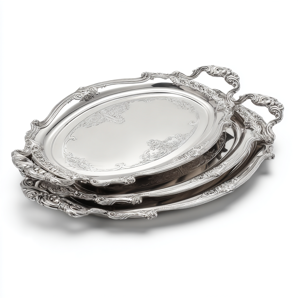 ⁦طقم صوانٍ بيضاوية فاخرة مطلية بالفضي مع نقوش مزخرفة⁩ - الصورة ⁦4⁩